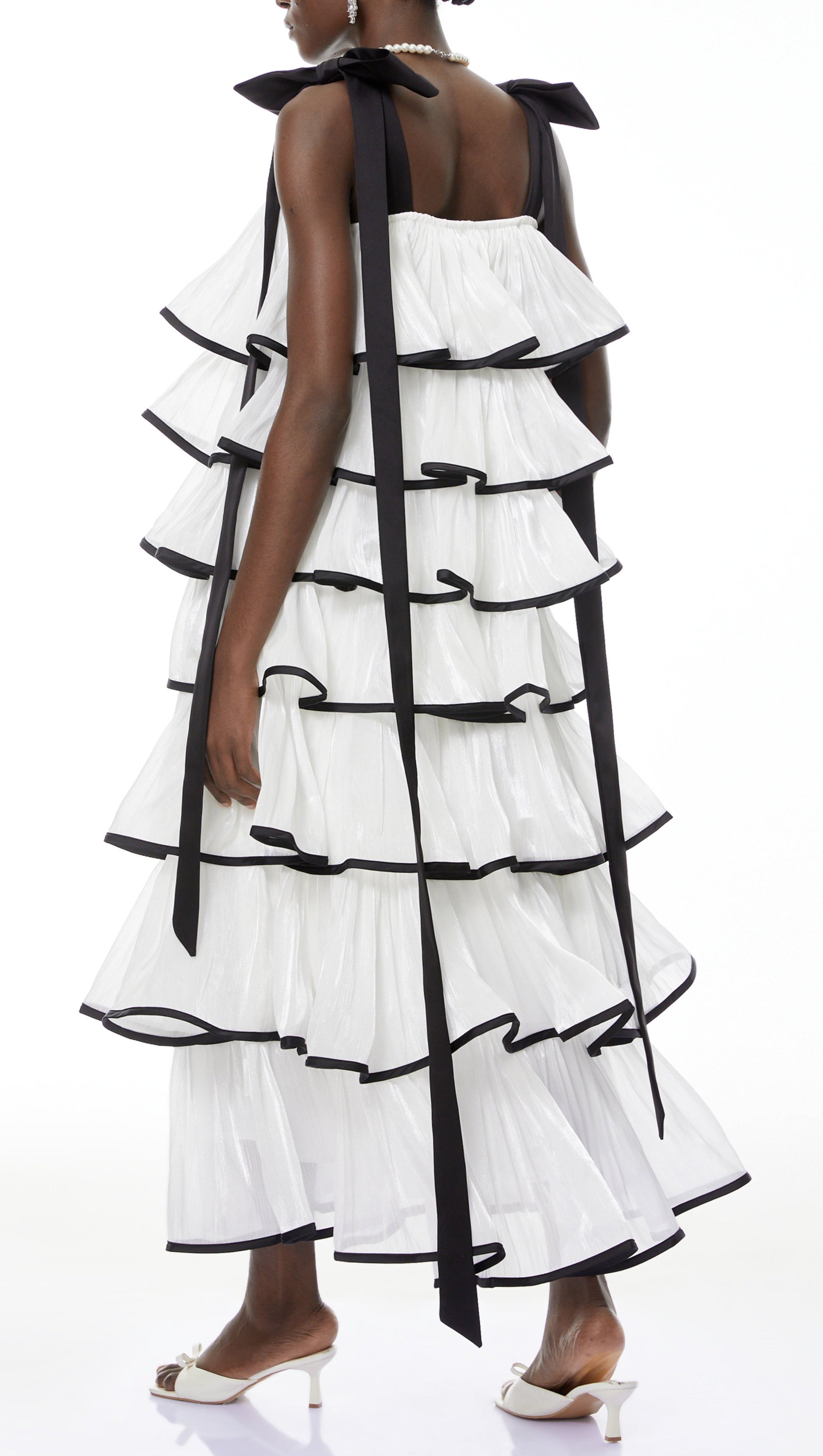 mandy White layer Ruffled Maxi Dress with Bows