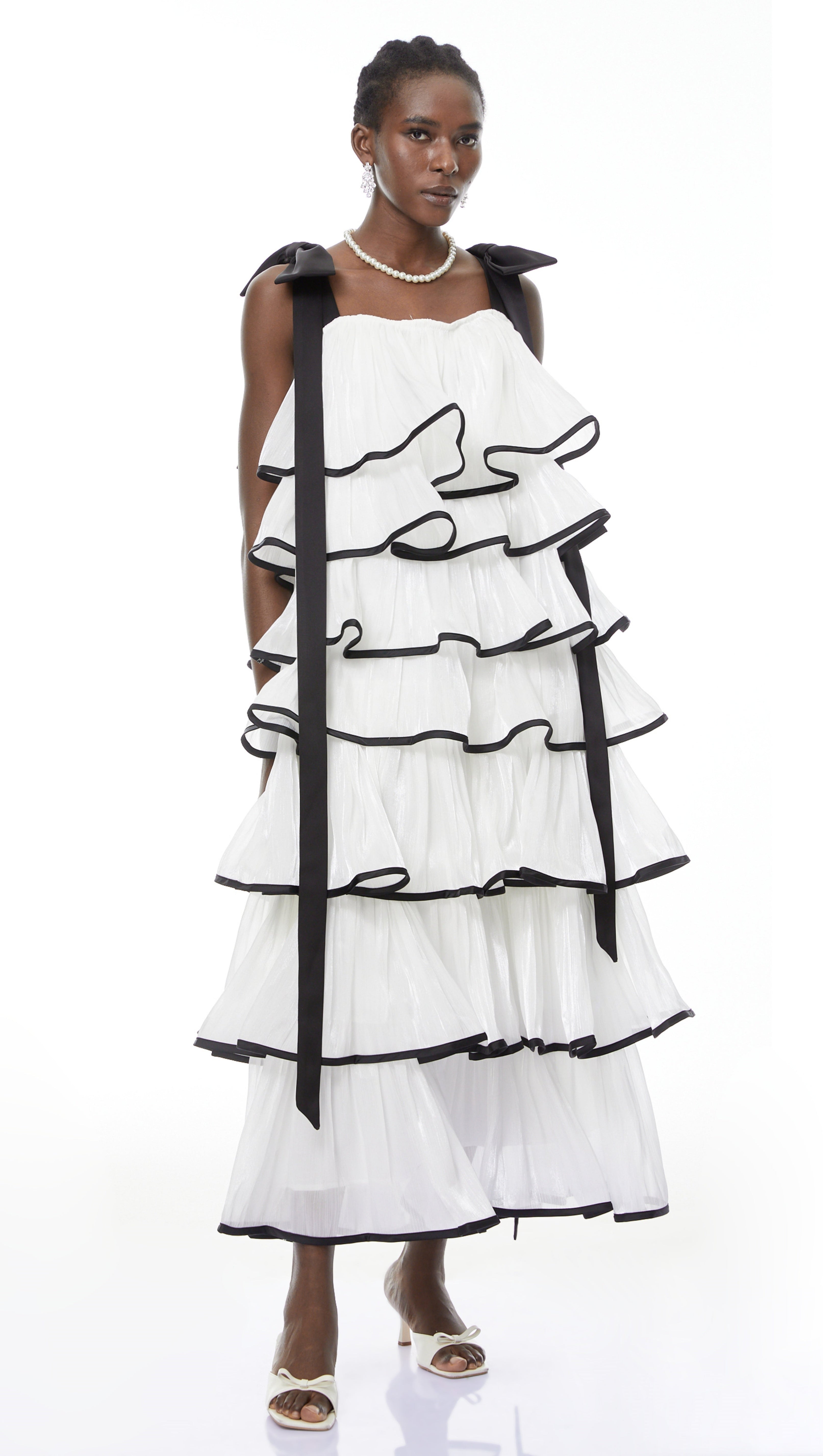 mandy White layer Ruffled Maxi Dress with Bows