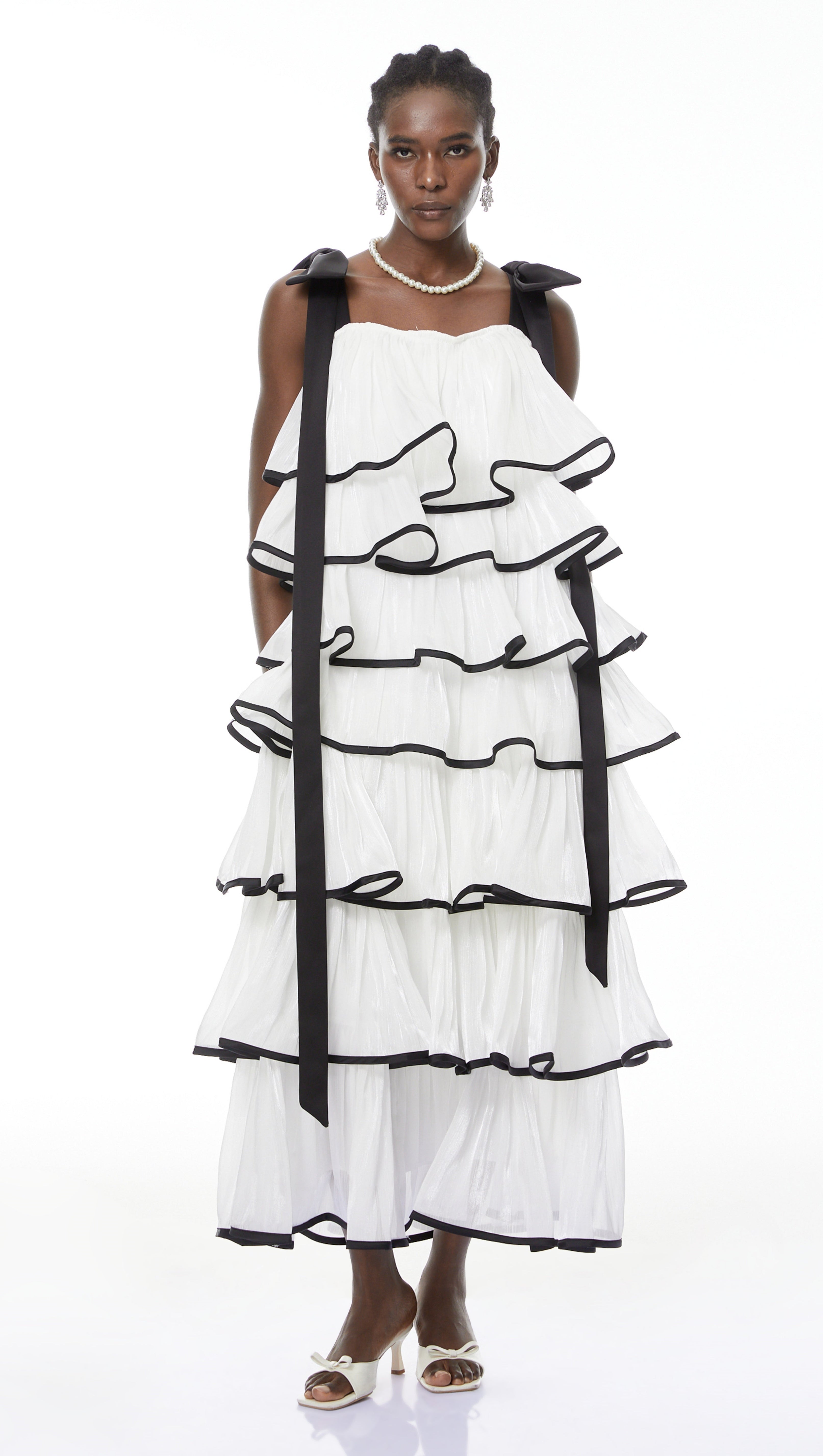 mandy White layer Ruffled Maxi Dress with Bows