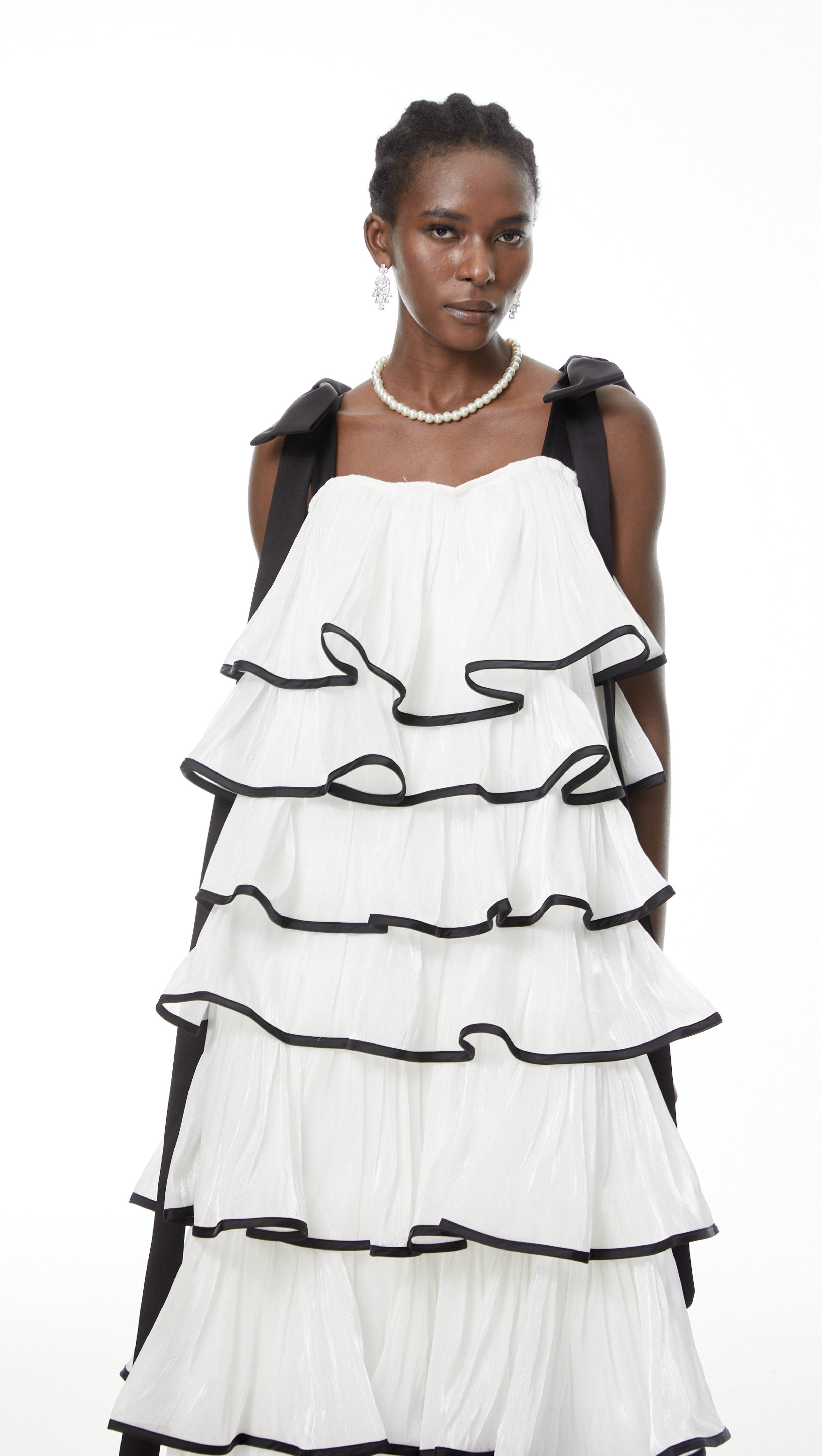 mandy White layer Ruffled Maxi Dress with Bows