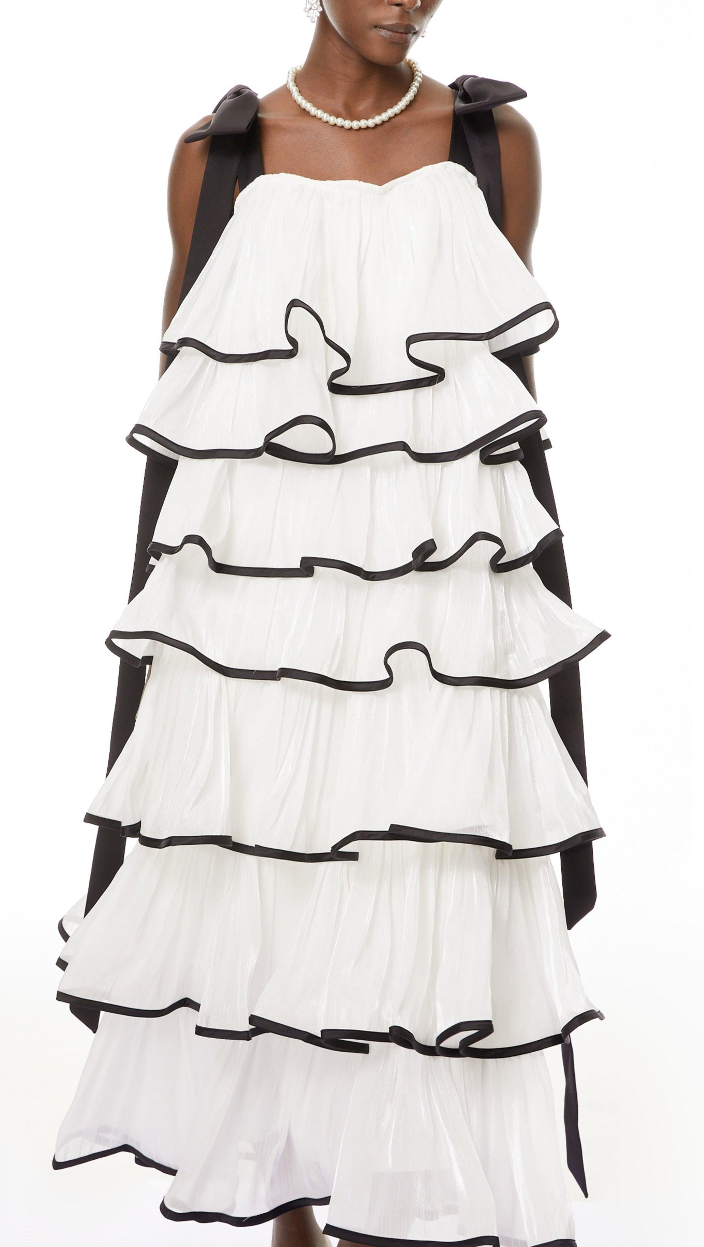 mandy White layer Ruffled Maxi Dress with Bows