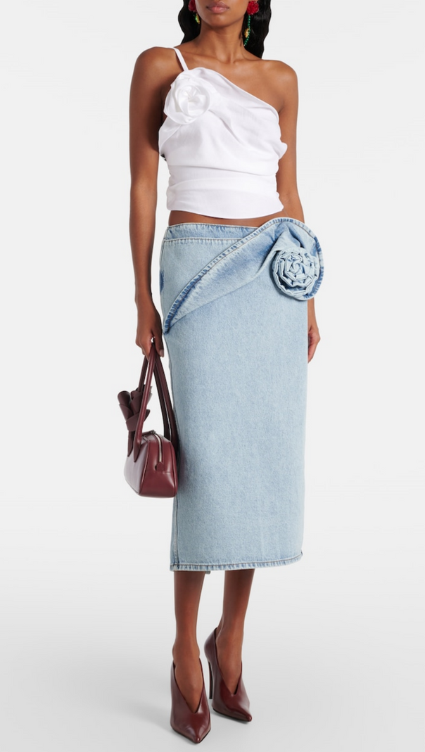 AIIZIE XAVIERA FLORAL APPLIQUÉ DENIM MIDI SKIRT - product image