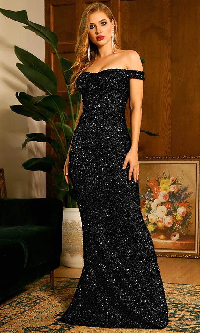 WHITE SEQUIN OFF SHOULDER MERMAID MAXI DRESS
