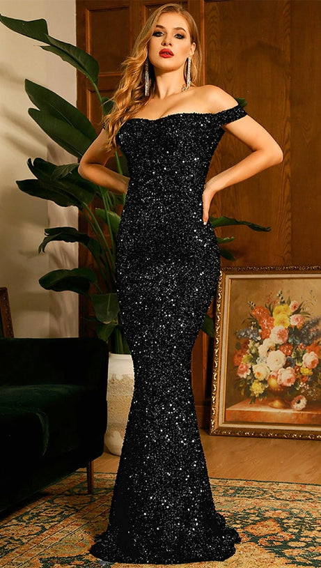 WHITE SEQUIN OFF SHOULDER MERMAID MAXI DRESS