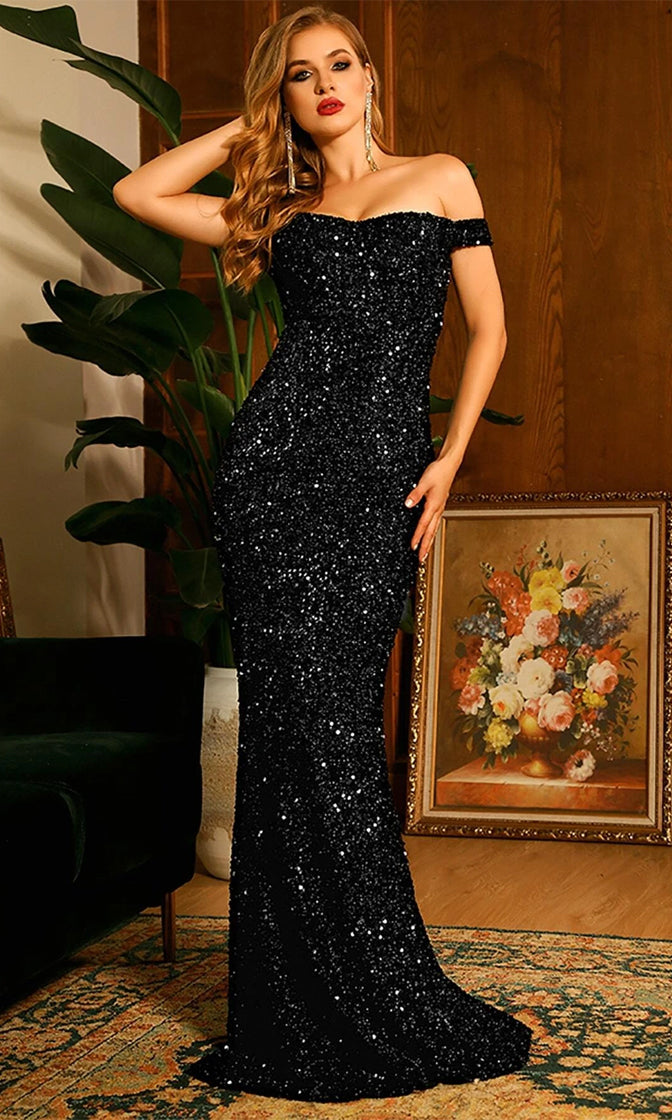 WHITE SEQUIN OFF SHOULDER MERMAID MAXI DRESS