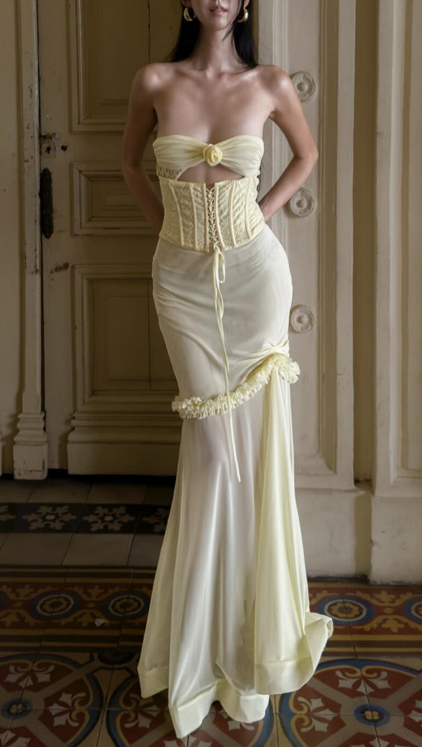 AIIZIE MESH CUTOUT CORSET MAXI DRESS - YELLOW - product image