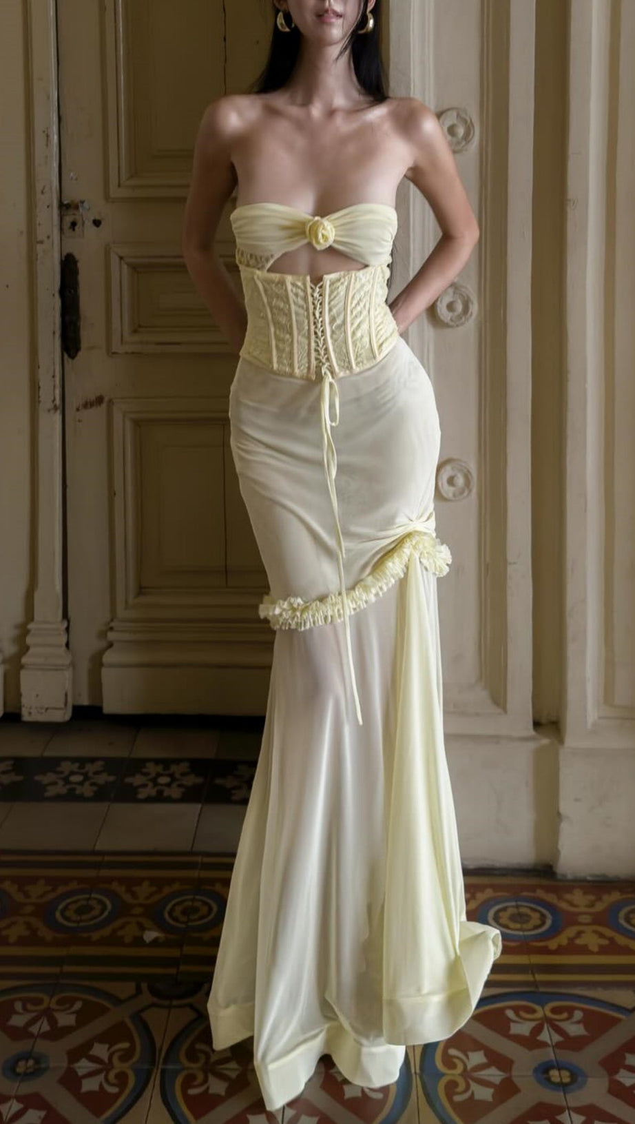 MESH CUTOUT CORSET MAXI DRESS - YELLOW