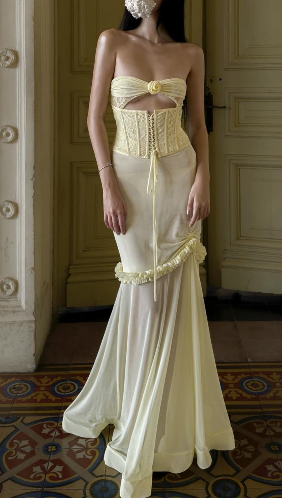 MESH CUTOUT CORSET MAXI DRESS - YELLOW