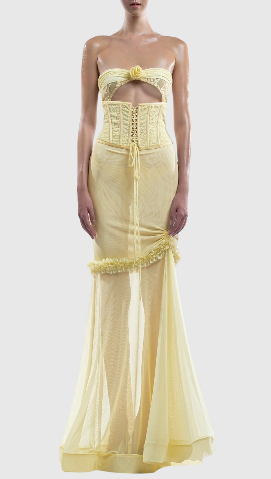 MESH CUTOUT CORSET MAXI DRESS - YELLOW