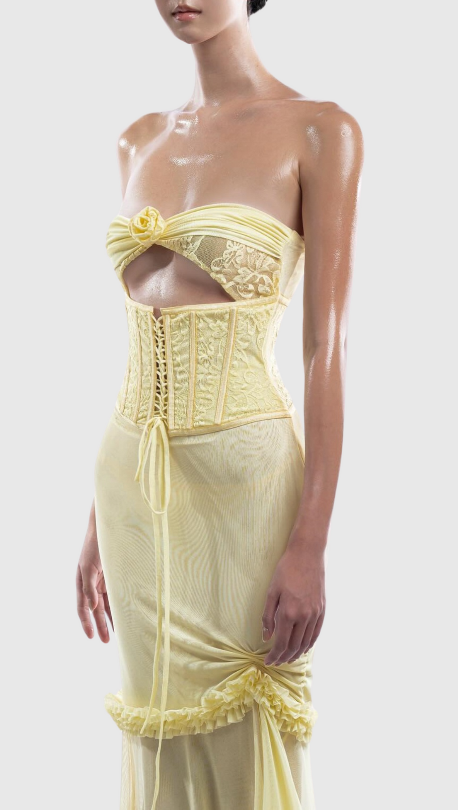 MESH CUTOUT CORSET MAXI DRESS - YELLOW