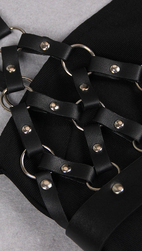 ABITO MIDI CON SPALLINE IN PELLE NERO 