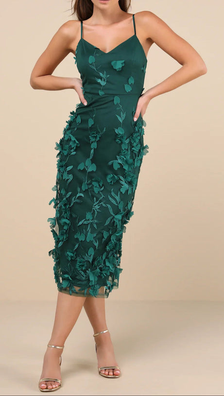 EMERALD 3D FLORAL EMBROIDERED MIDI DRESS