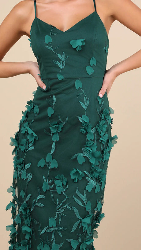 EMERALD 3D FLORAL EMBROIDERED MIDI DRESS
