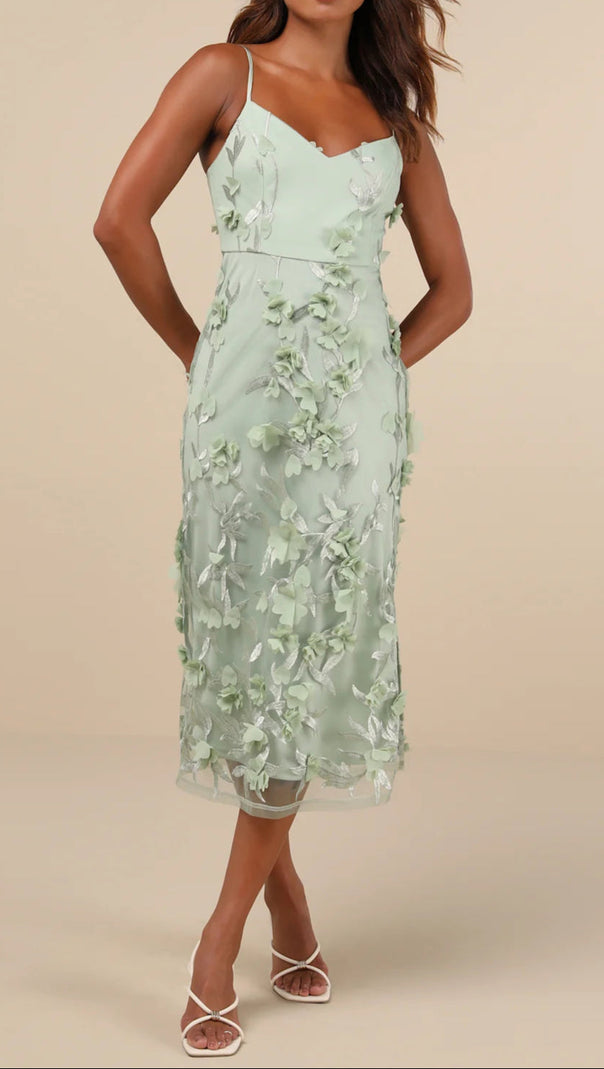 AIIZIE SAGE GREEN 3D FLORAL EMBROIDERED MIDI DRESS - product image