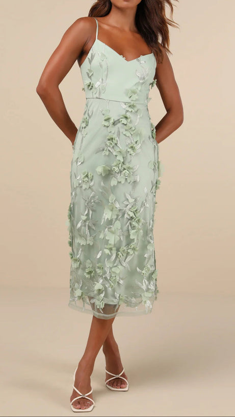 SAGE GREEN 3D FLORAL EMBROIDERED MIDI DRESS