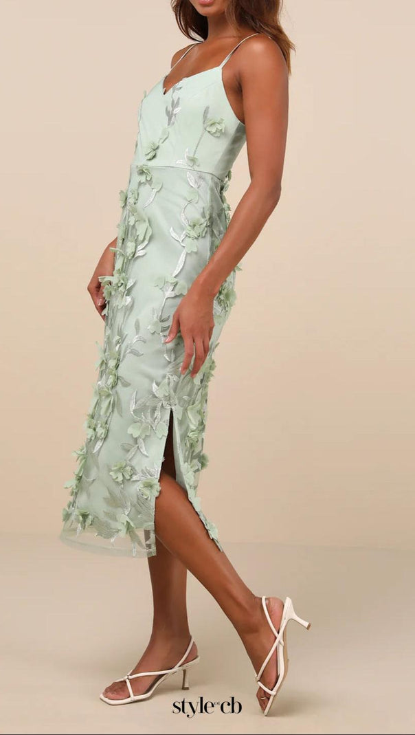AIIZIE SAGE GREEN 3D FLORAL EMBROIDERED MIDI DRESS - product image