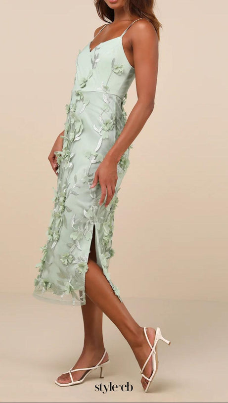 SAGE GREEN 3D FLORAL EMBROIDERED MIDI DRESS