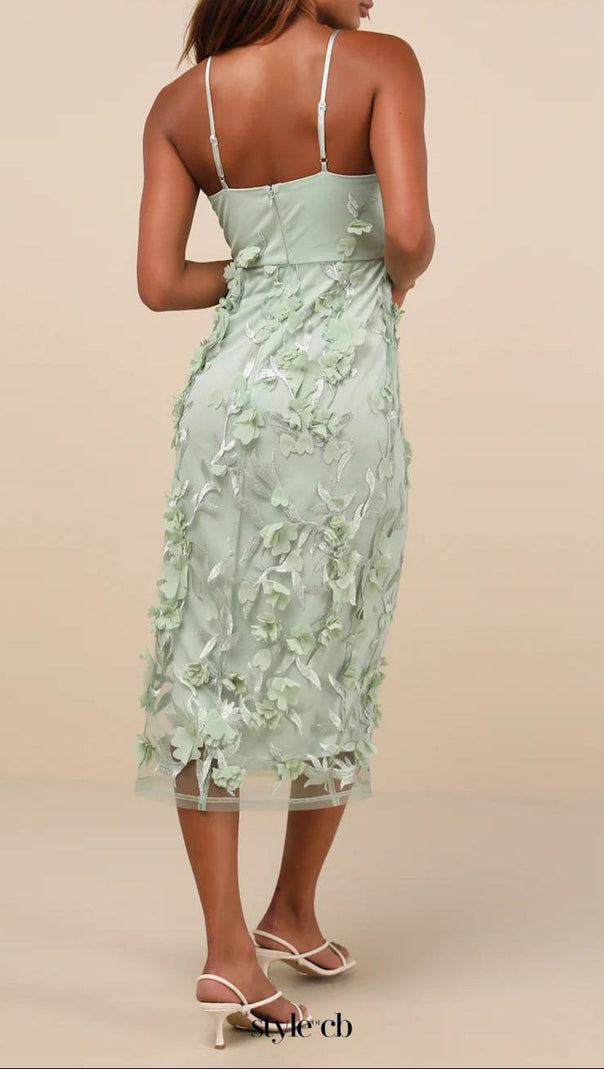 AIIZIE SAGE GREEN 3D FLORAL EMBROIDERED MIDI DRESS - product image