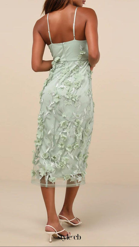 SAGE GREEN 3D FLORAL EMBROIDERED MIDI DRESS