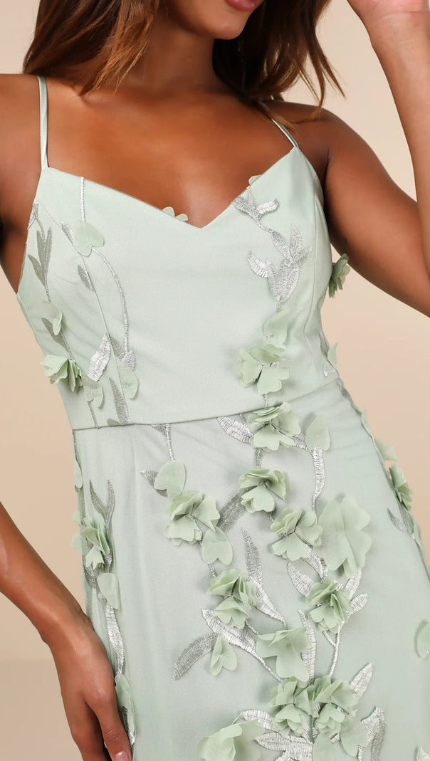 AIIZIE SAGE GREEN 3D FLORAL EMBROIDERED MIDI DRESS - product image