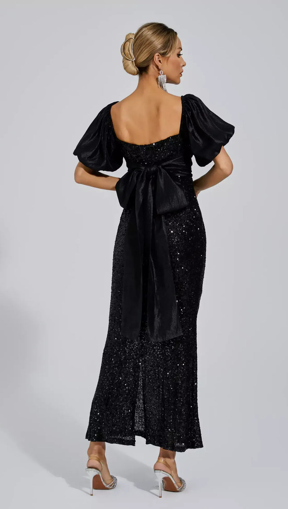 MARIA BLACK BOW SEQUINS EMBELLISHED MAXI DRESS