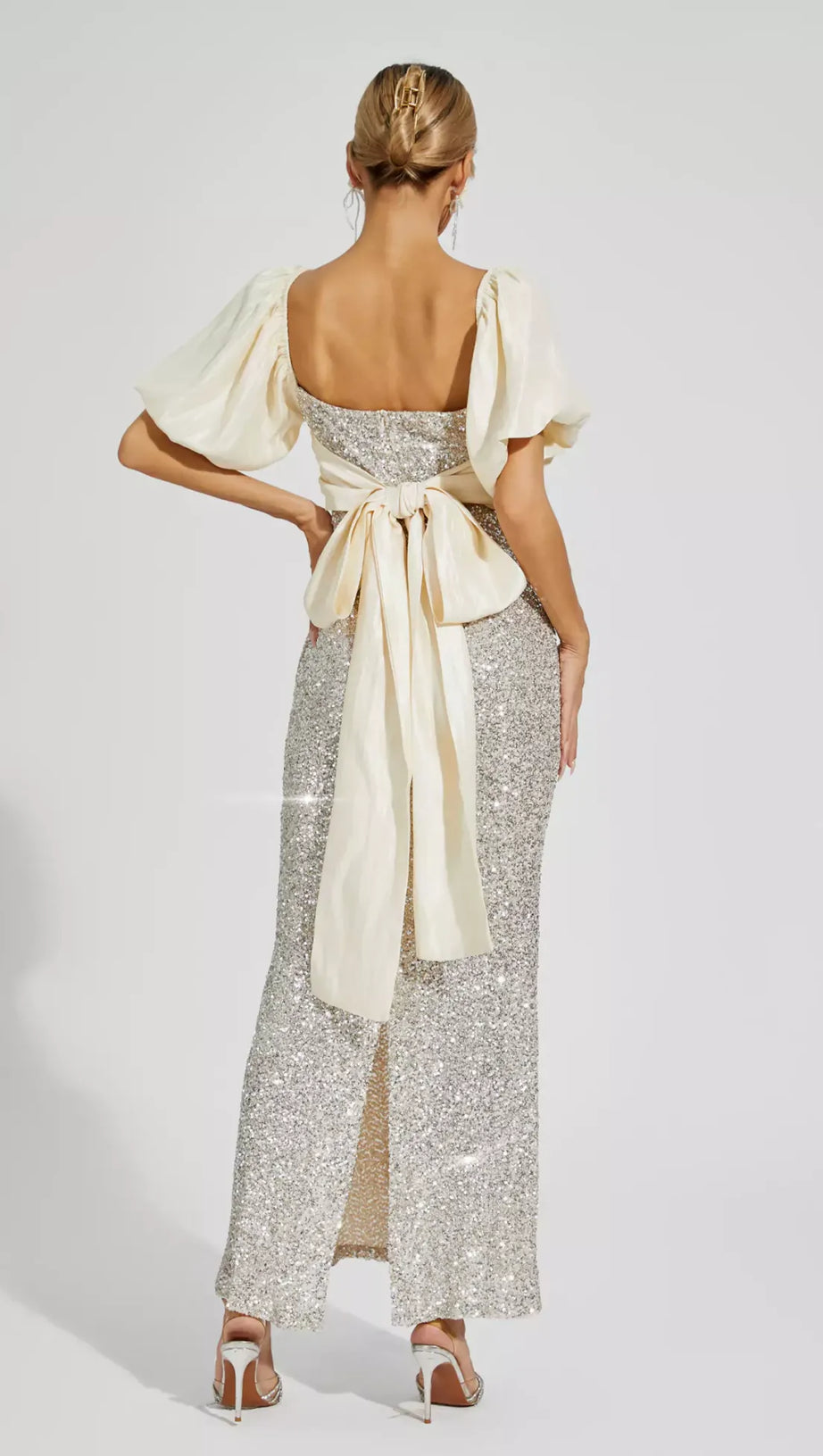 MARIA APRICOT BOW SEQUINS EMBELLISHED MAXI DRESS