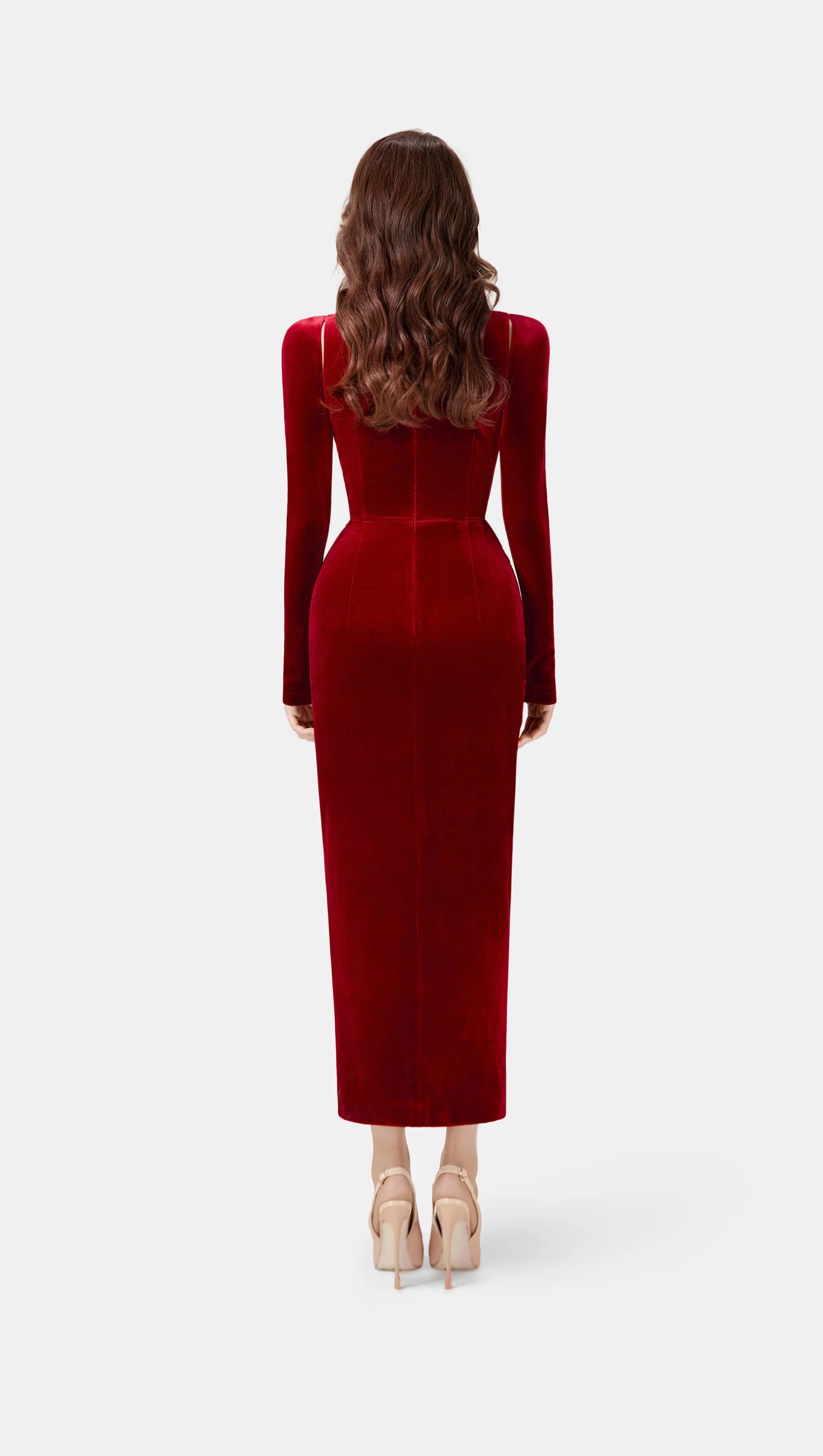 BORDEAUX VELVET DRAPED MIDI DRESS