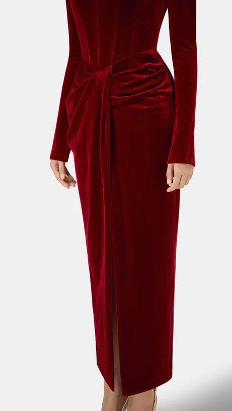 BORDEAUX VELVET DRAPED MIDI DRESS