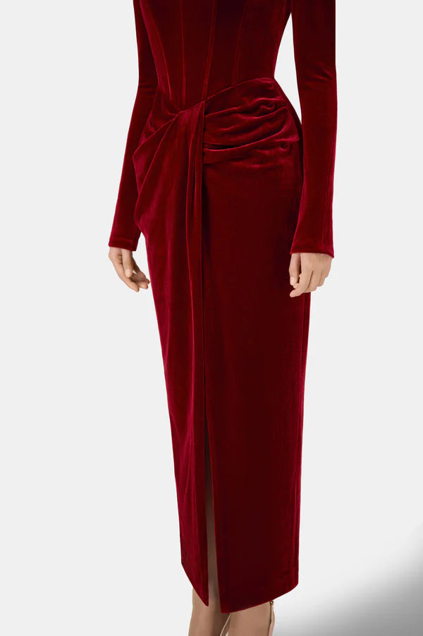 AIIZIE BORDEAUX VELVET DRAPED MIDI DRESS - product image