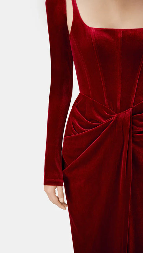 BORDEAUX VELVET DRAPED MIDI DRESS