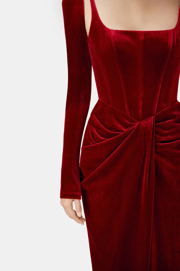 AIIZIE BORDEAUX VELVET DRAPED MIDI DRESS - product image