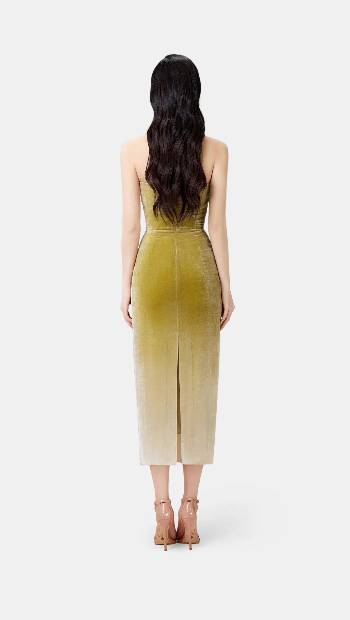 AIIZIE RUCHED VELVET STRAPLESS MIDI DRESS IN GREEN GRADIENT - product image