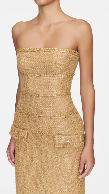 ELBORNO GOLD EMBELLISHED STRAPLESS MIDI DRESS