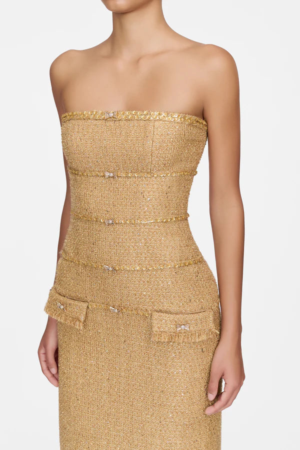 AIIZIE ELBORNO GOLD EMBELLISHED STRAPLESS MIDI DRESS - product image