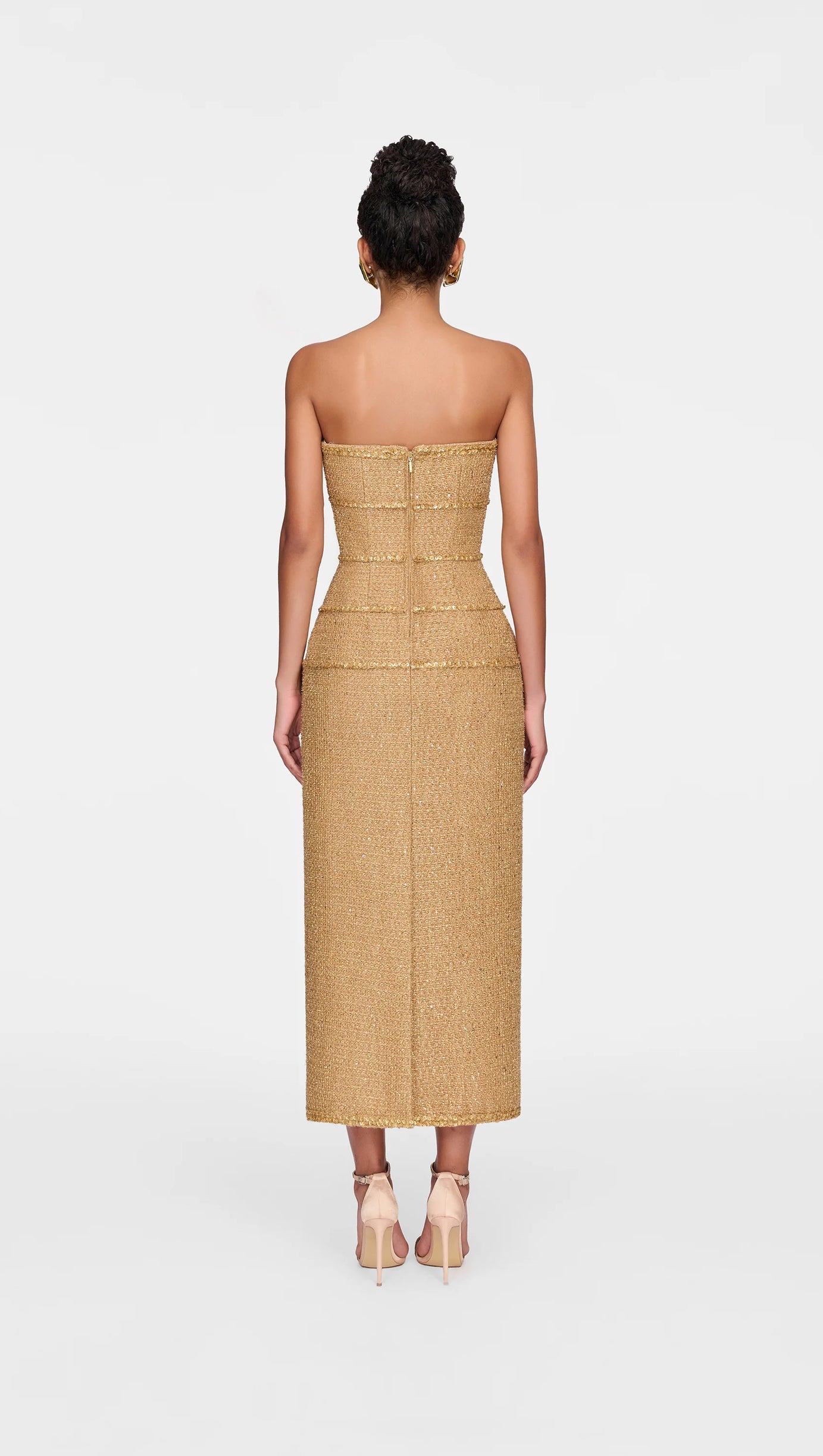 ELBORNO GOLD EMBELLISHED STRAPLESS MIDI DRESS