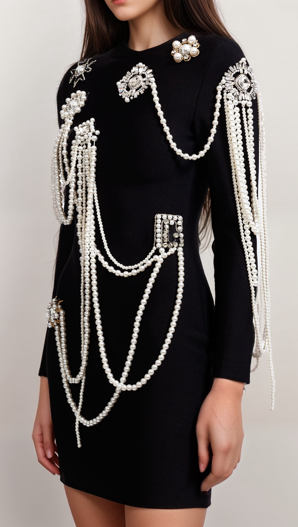 AIIZIE LONG SLEEVE DIAMOND PEARLS DRESS - BLACK - product image