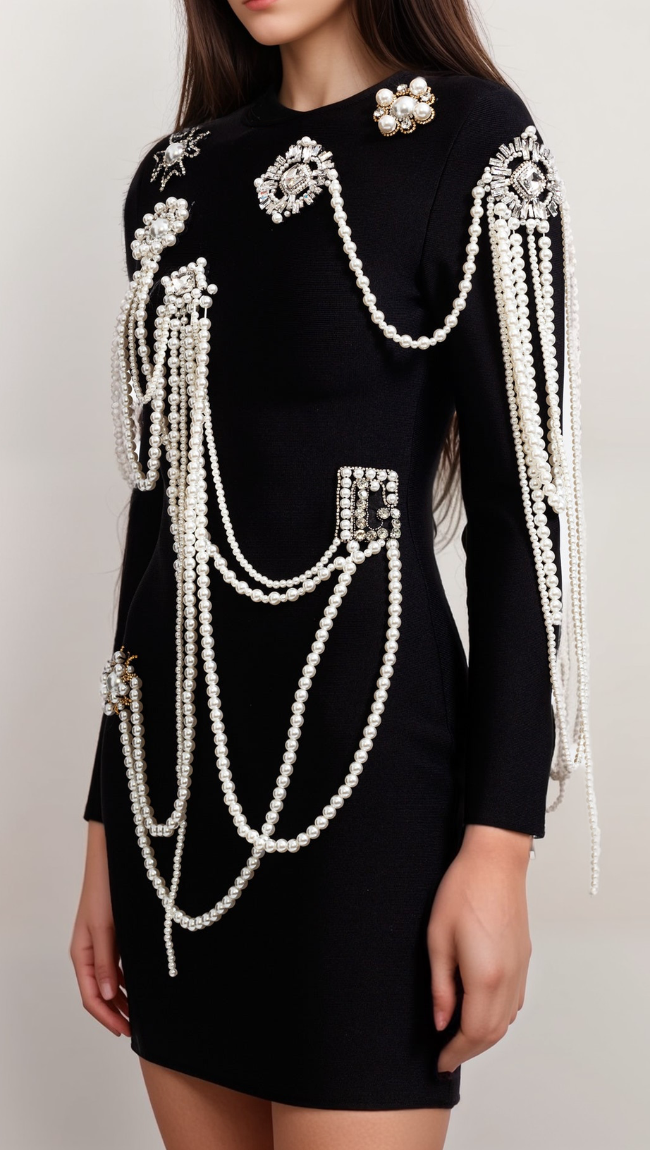 LONG SLEEVE DIAMOND PEARLS DRESS - BLACK