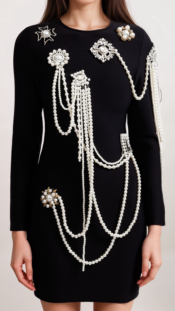 AIIZIE LONG SLEEVE DIAMOND PEARLS DRESS - BLACK - product image
