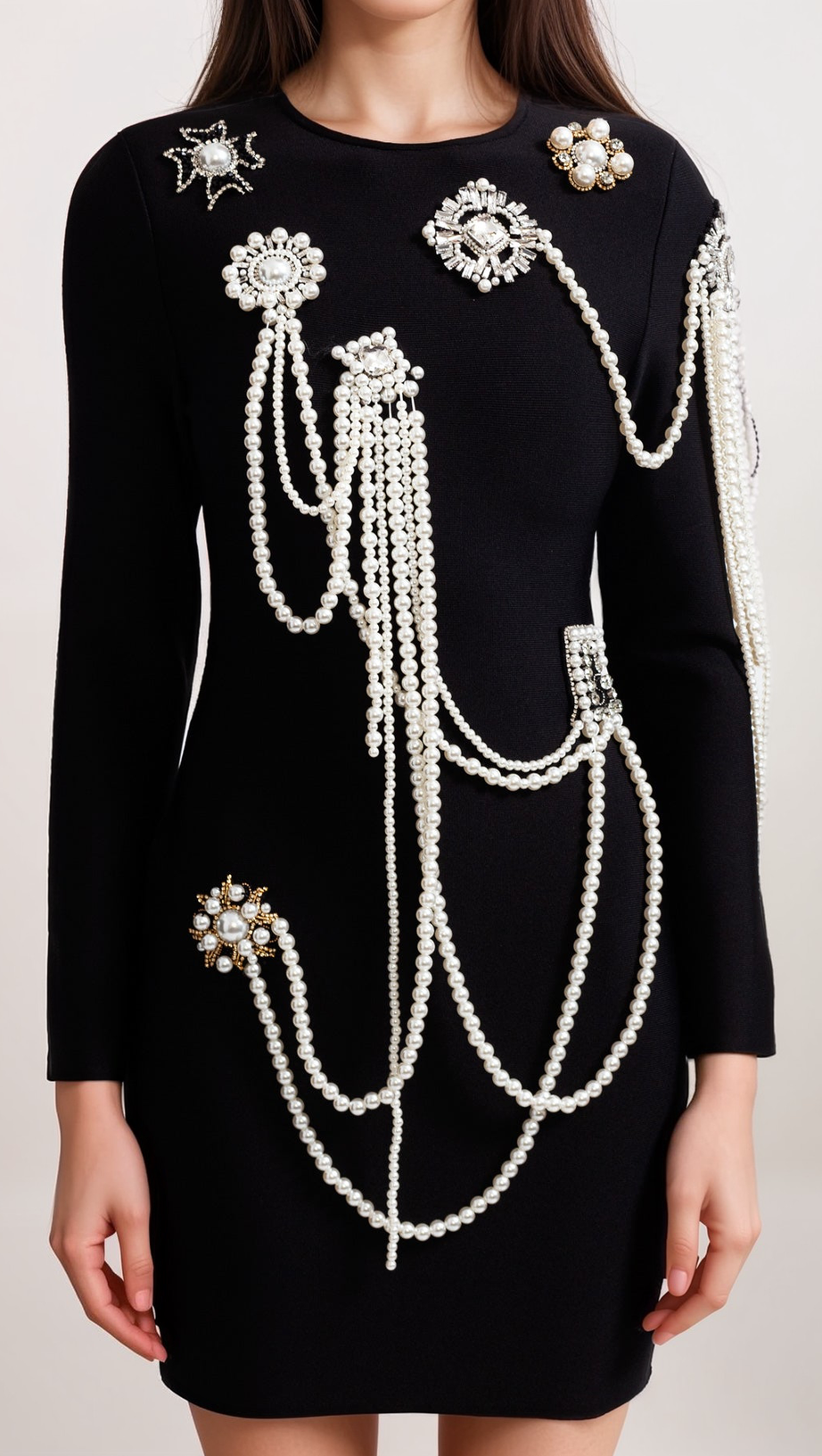 LONG SLEEVE DIAMOND PEARLS DRESS - BLACK