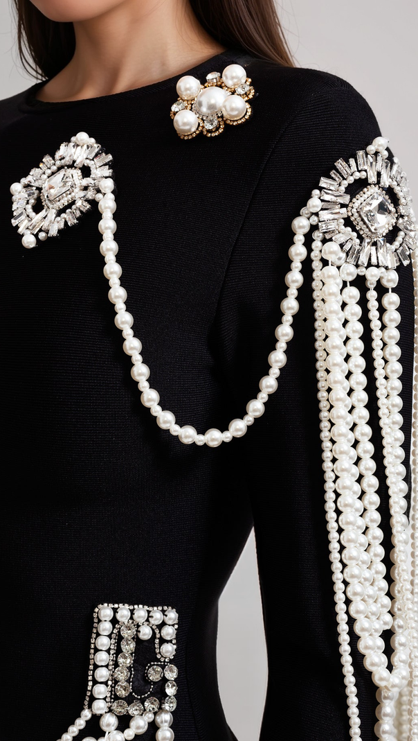 ABITO A MANICHE LUNGHE CON PERLE E DIAMANTI - NERO