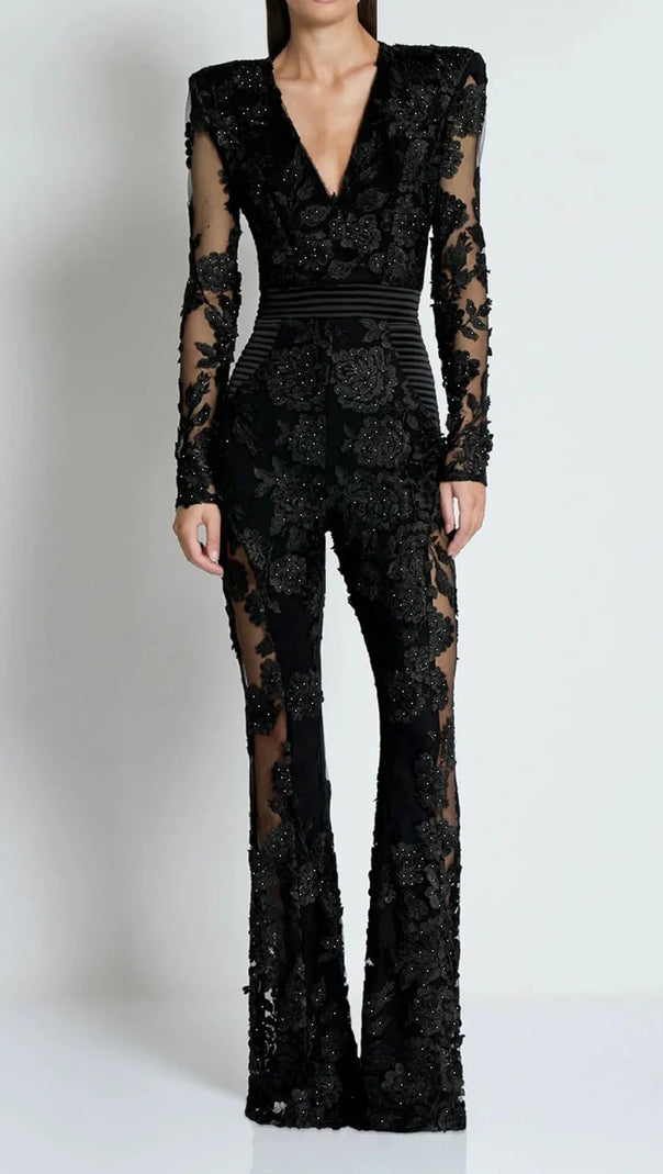 AIIZIE DIAMOND THREE-DIMENSIONAL FLOWER JUMPSUIT IN BLACK - product image