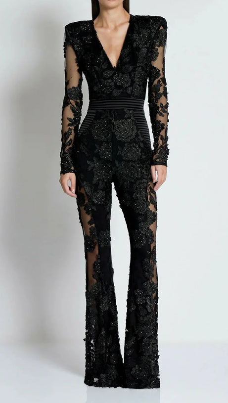 DIAMOND THREE-DIMENSIONAL FLOWER JUMPSUIT IN BLACK