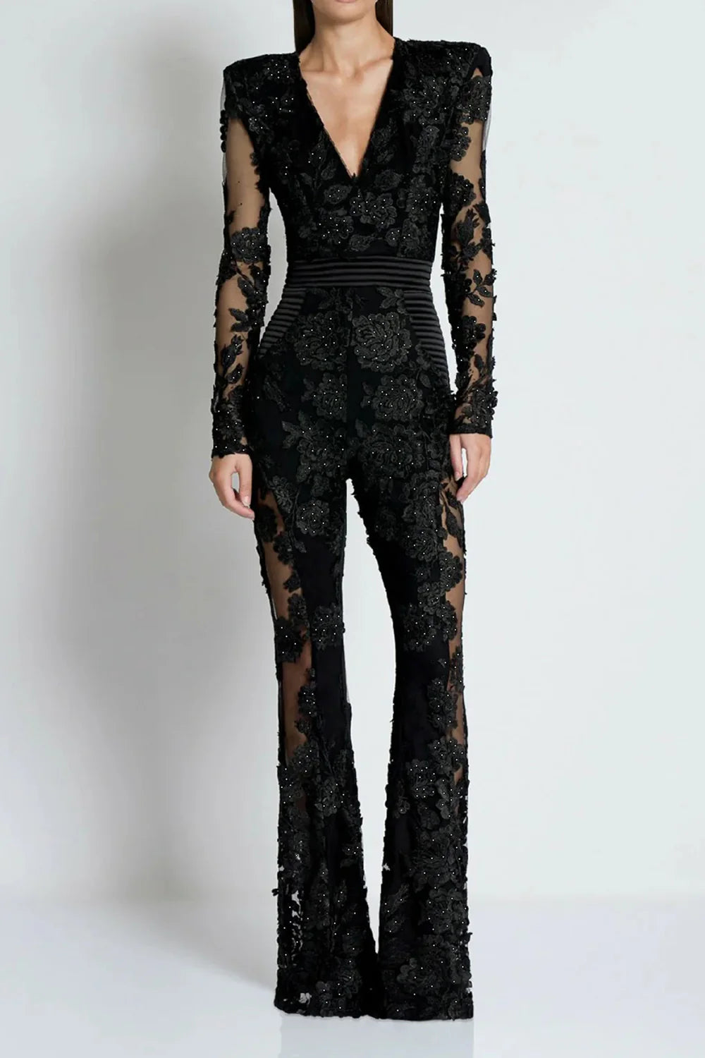 DIAMOND THREE-DIMENSIONAL FLOWER JUMPSUIT IN BLACK