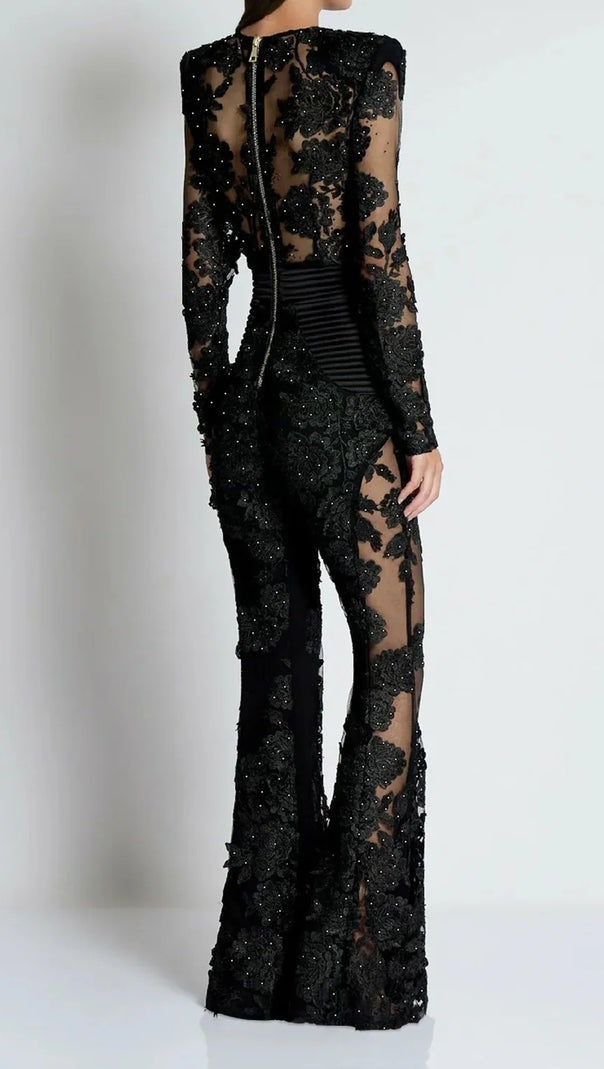 AIIZIE DIAMOND THREE-DIMENSIONAL FLOWER JUMPSUIT IN BLACK - product image
