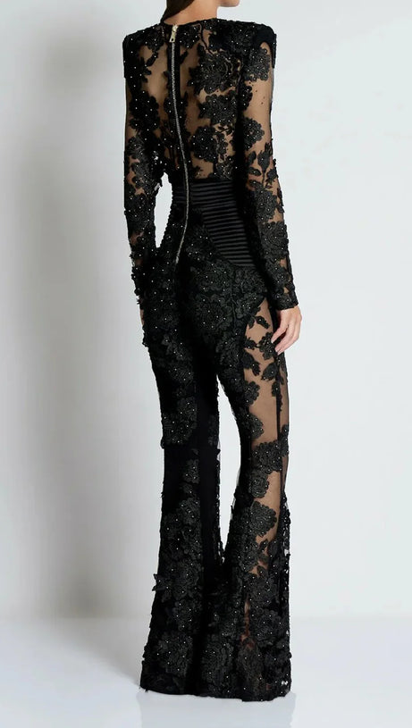 DIAMOND THREE-DIMENSIONAL FLOWER JUMPSUIT IN BLACK