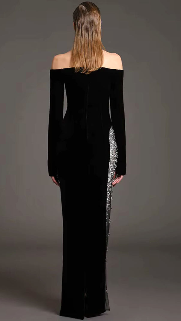 AIIZIE LONG SLEEVE BARDOT CRYSTAL MESH MAXI DRESS BLACK - product image