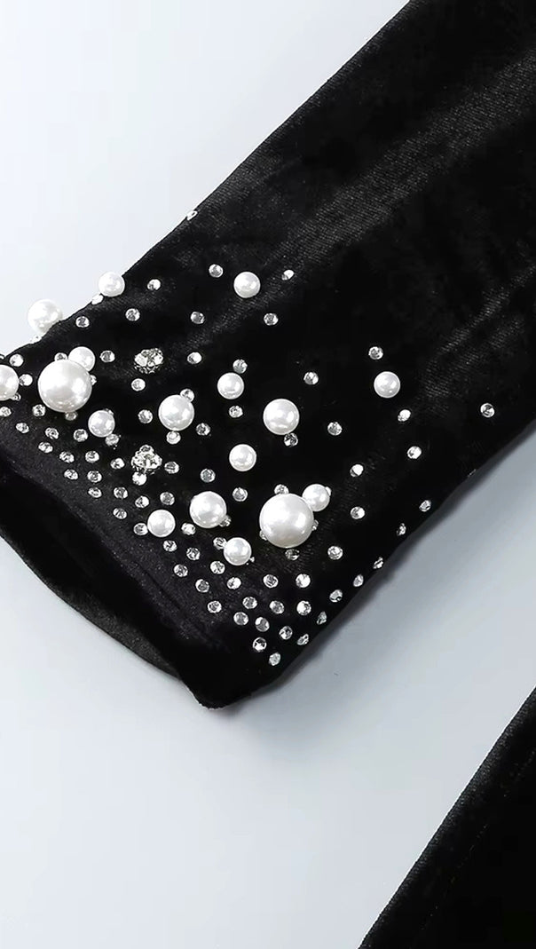 Long-Sleeve Embellished Velvet Maxi Dress in Black