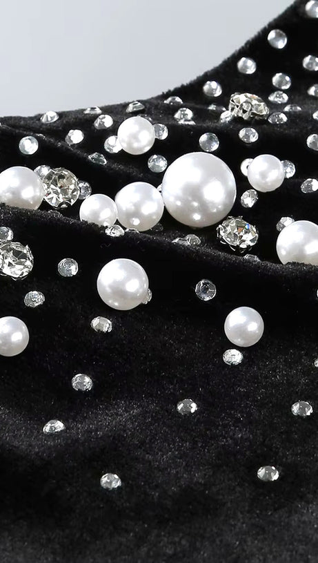 LONG SLEEVE EMBELLISHED MAXI VELVET DRESS BLACK