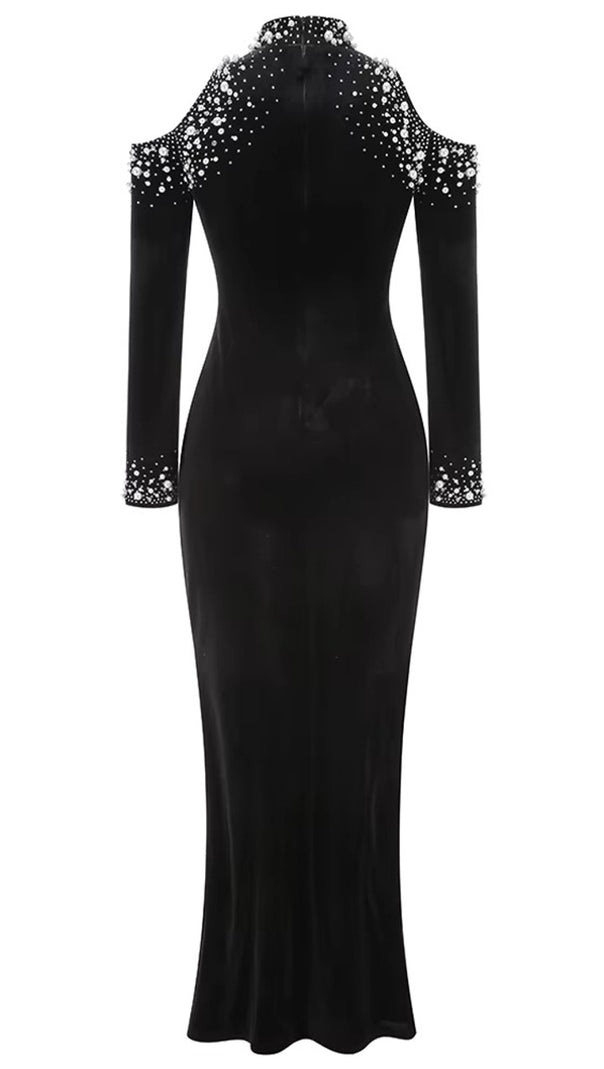Long-Sleeve Embellished Velvet Maxi Dress in Black