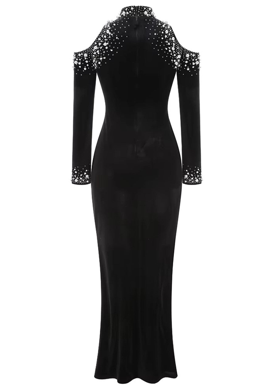 Long Sleeve Embellished Maxi Velvet Dress Black